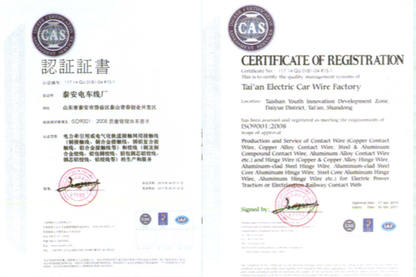 泰安电车线厂认证证书